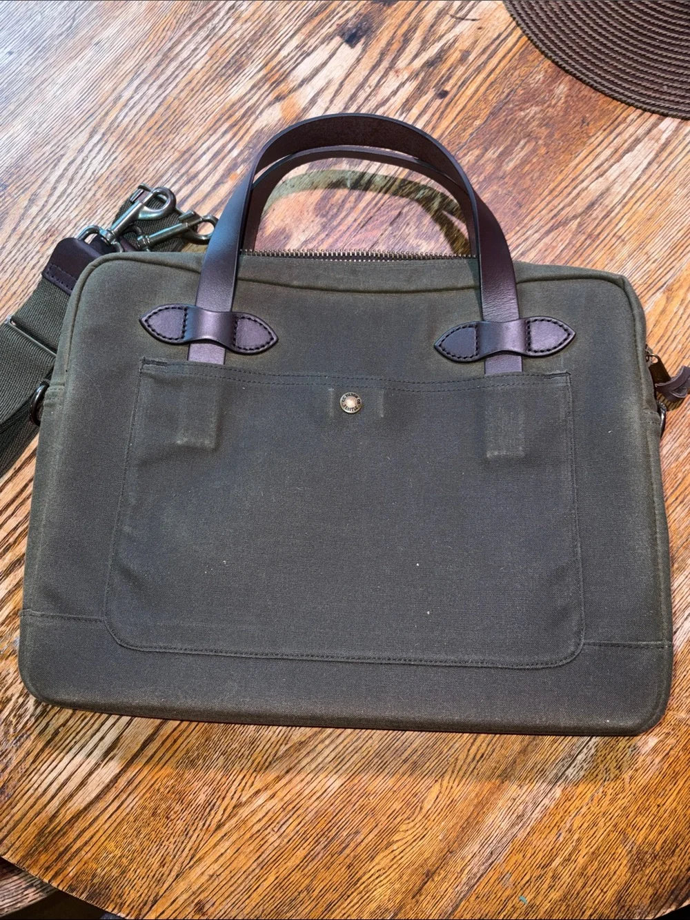 Like new Filson Tincloth Compact Briefcase with Dark Brown Leather
